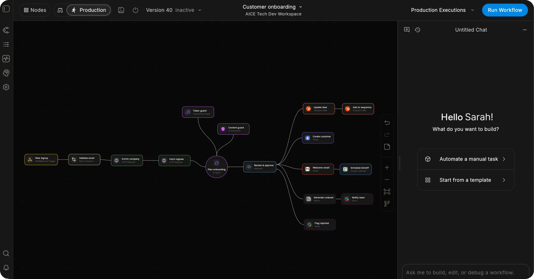 The Flero canvas running a customer onboarding workflow